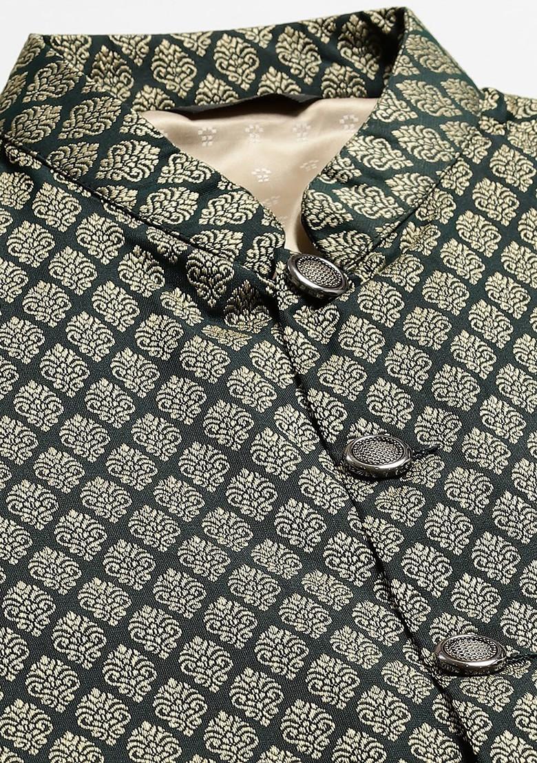 Olive Woven Silk Nehru Jackets For Men