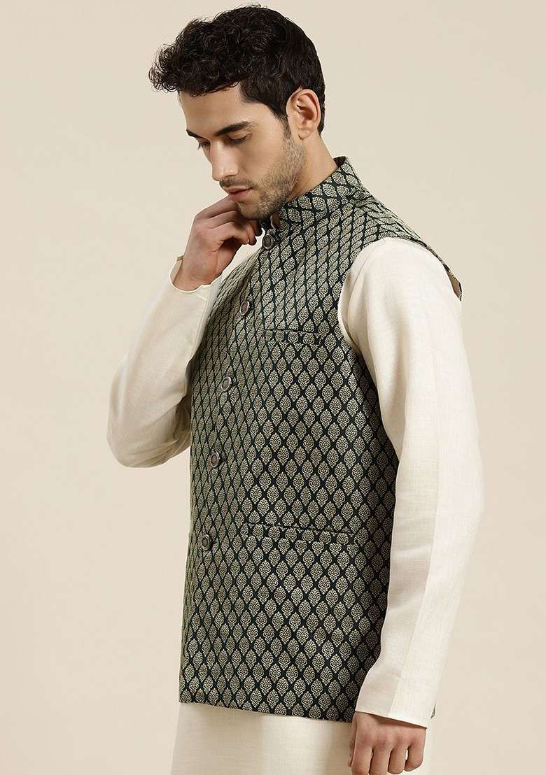 Olive Woven Silk Blend Nehru Jackets For Men - Indya