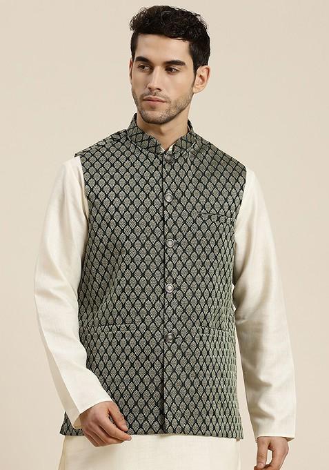 Olive Woven Silk Nehru Jackets For Men — view on Indya