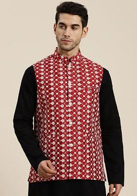 Red Woven Poly Blend Nehru Jackets For Men