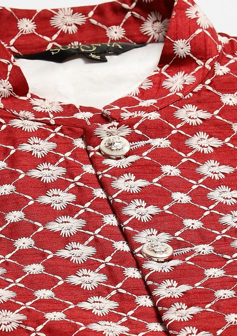Red Woven Poly Blend Nehru Jackets For Men