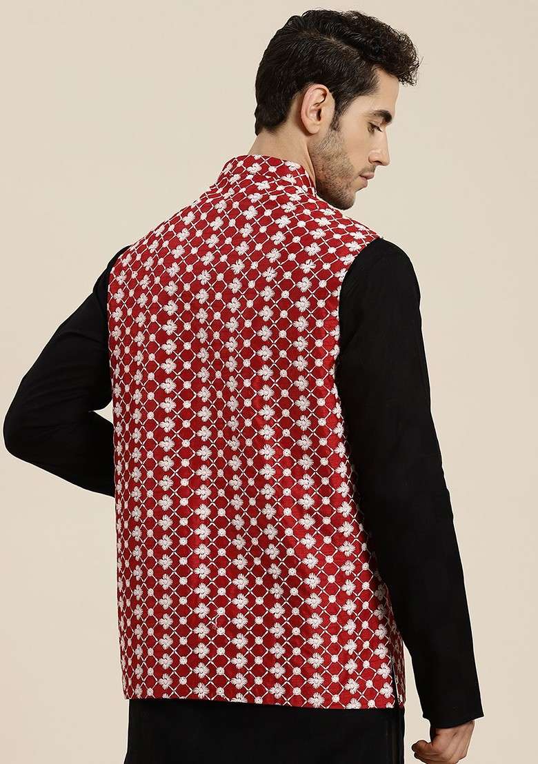 Red Woven Poly Blend Nehru Jackets For Men - Indya