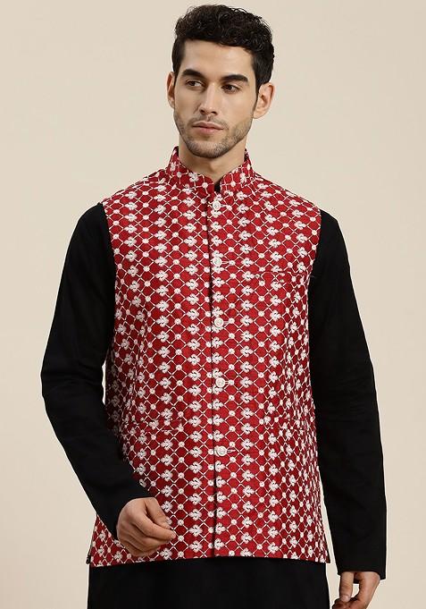 Red Woven Poly Blend Nehru Jackets For Men — view on Indya