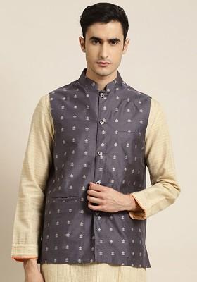 Charcoal Grey Solid Poly Blend Nehru Jackets For Men
