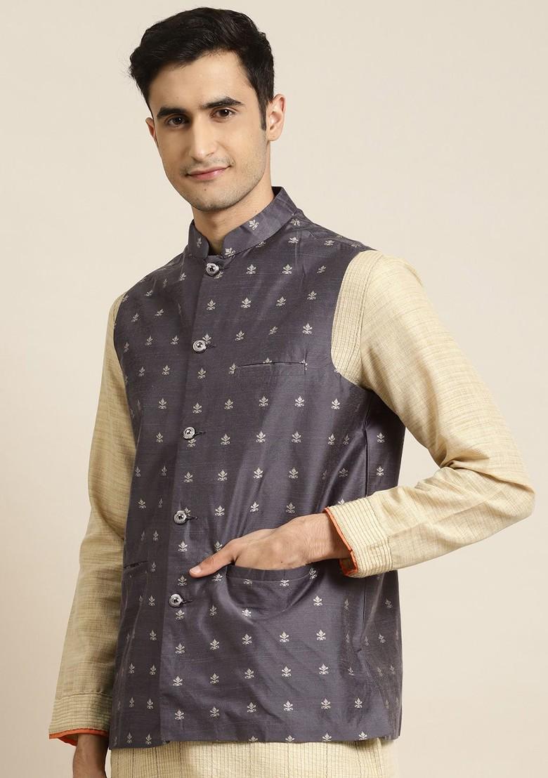 Charcoal Grey Solid Poly Blend Nehru Jackets For Men