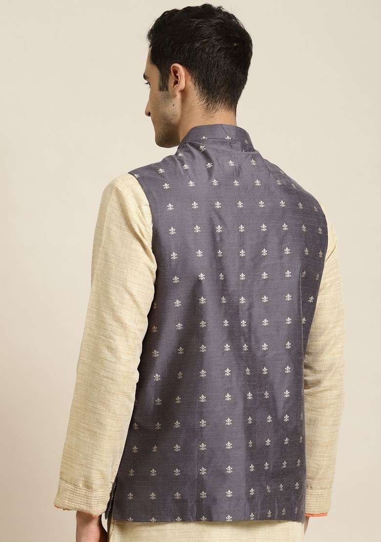 Charcoal Grey Solid Poly Blend Nehru Jackets For Men - Indya