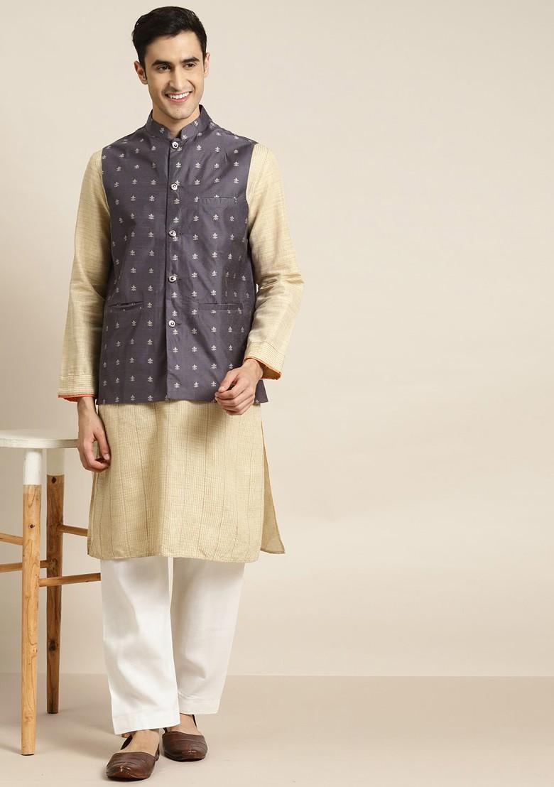 Charcoal Grey Solid Poly Blend Nehru Jackets For Men