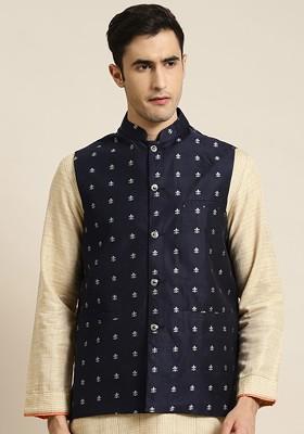 Navy Blue Woven Poly Blend Nehru Jackets For Men