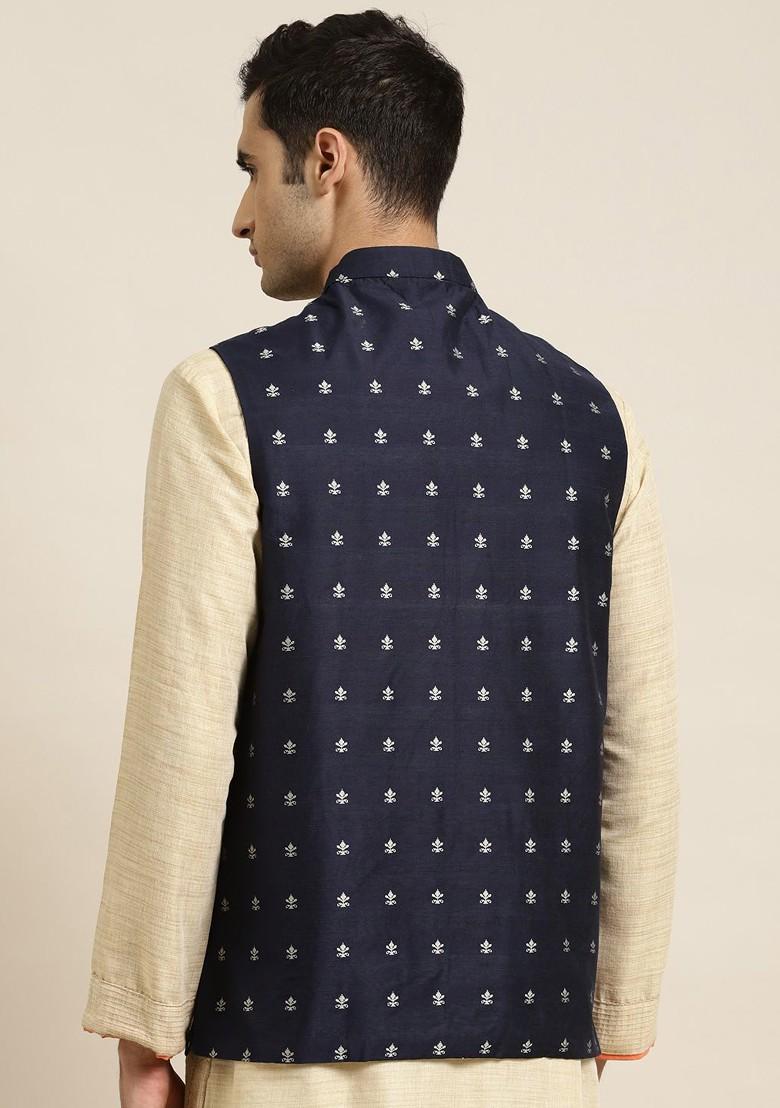 Navy Blue Woven Poly Blend Nehru Jackets For Men