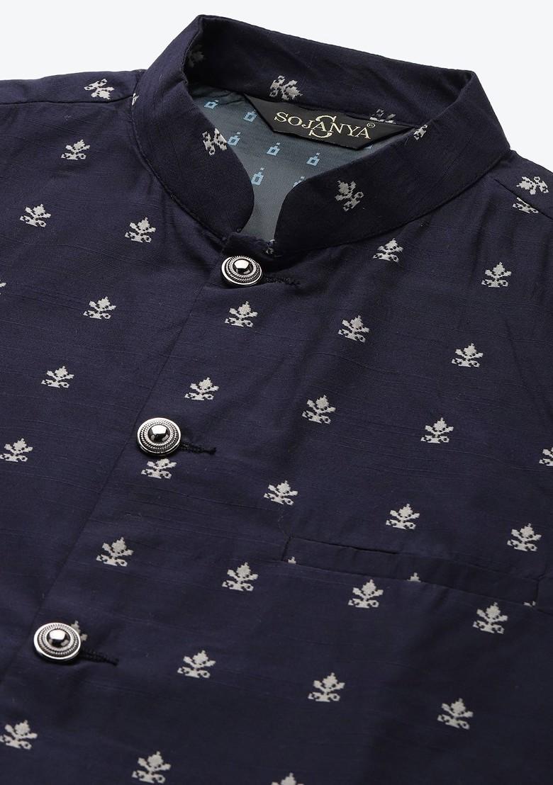 Navy Blue Woven Poly Blend Nehru Jackets For Men
