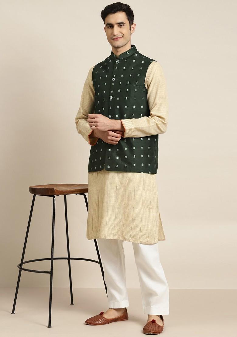 Green Woven Poly Blend Nehru Jackets For Men