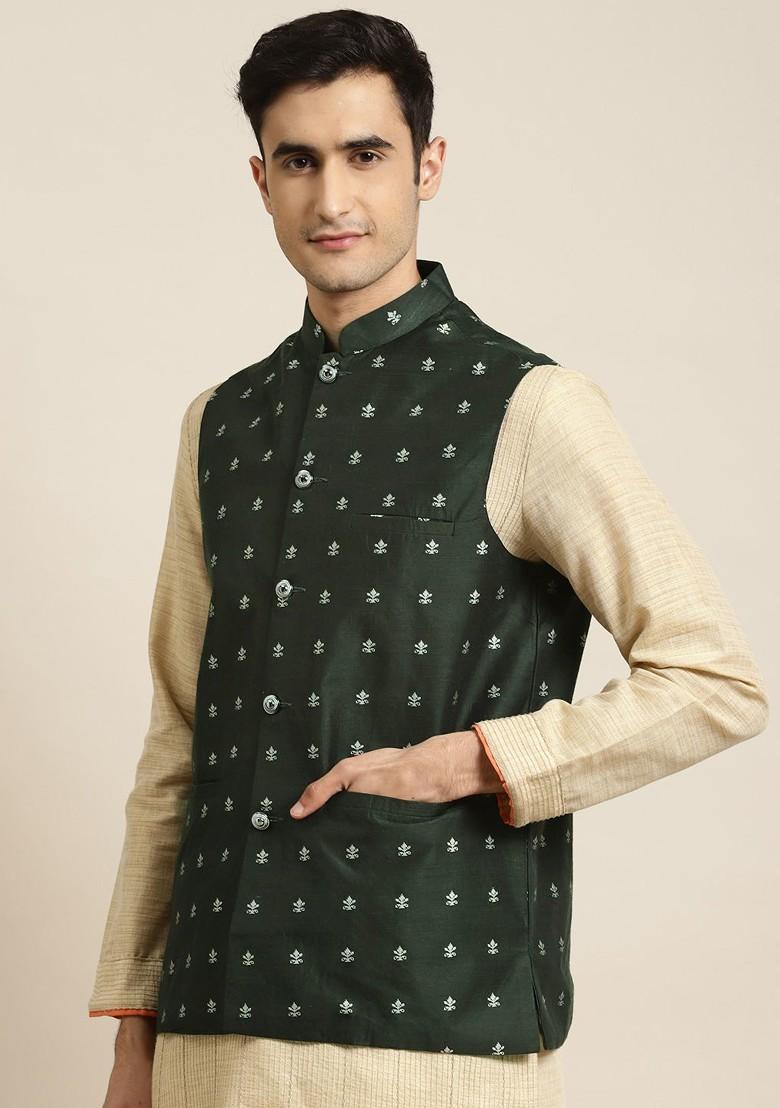 Green Woven Poly Blend Nehru Jackets For Men