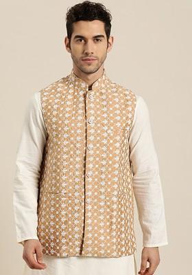Beige Embroidered Poly Blend Nehru Jackets For Men