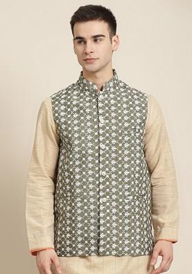 Olive Embroidered Poly Blend Nehru Jackets For Men