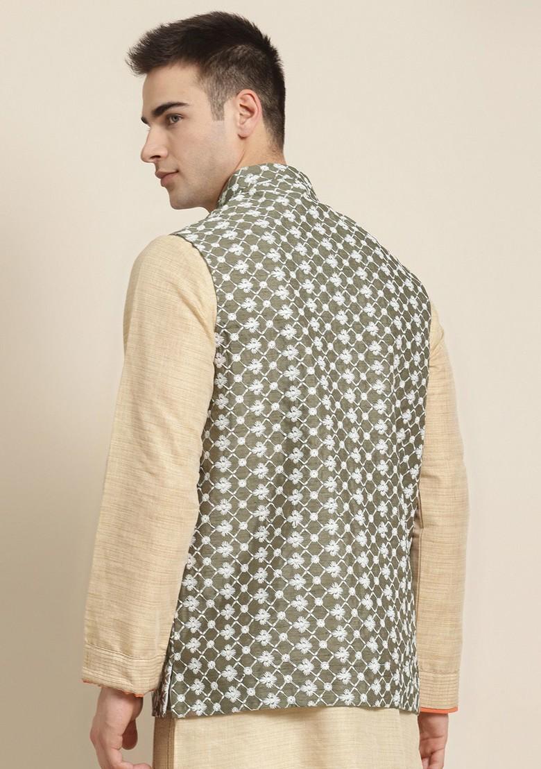 Olive Embroidered Poly Blend Nehru Jackets For Men