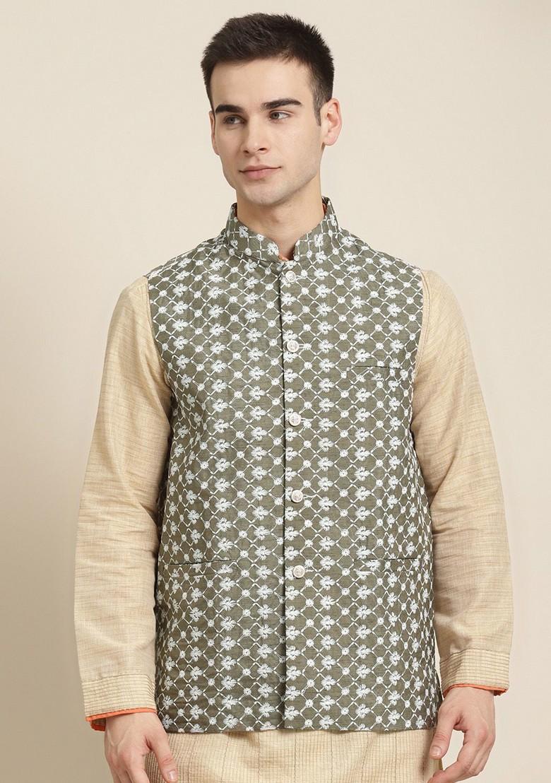 Olive Embroidered Poly Blend Nehru Jackets For Men