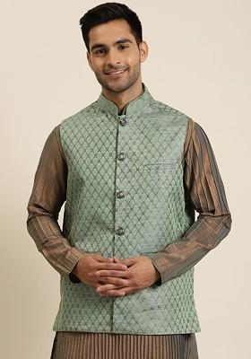 Teal Blue Woven Silk Nehru Jackets For Men