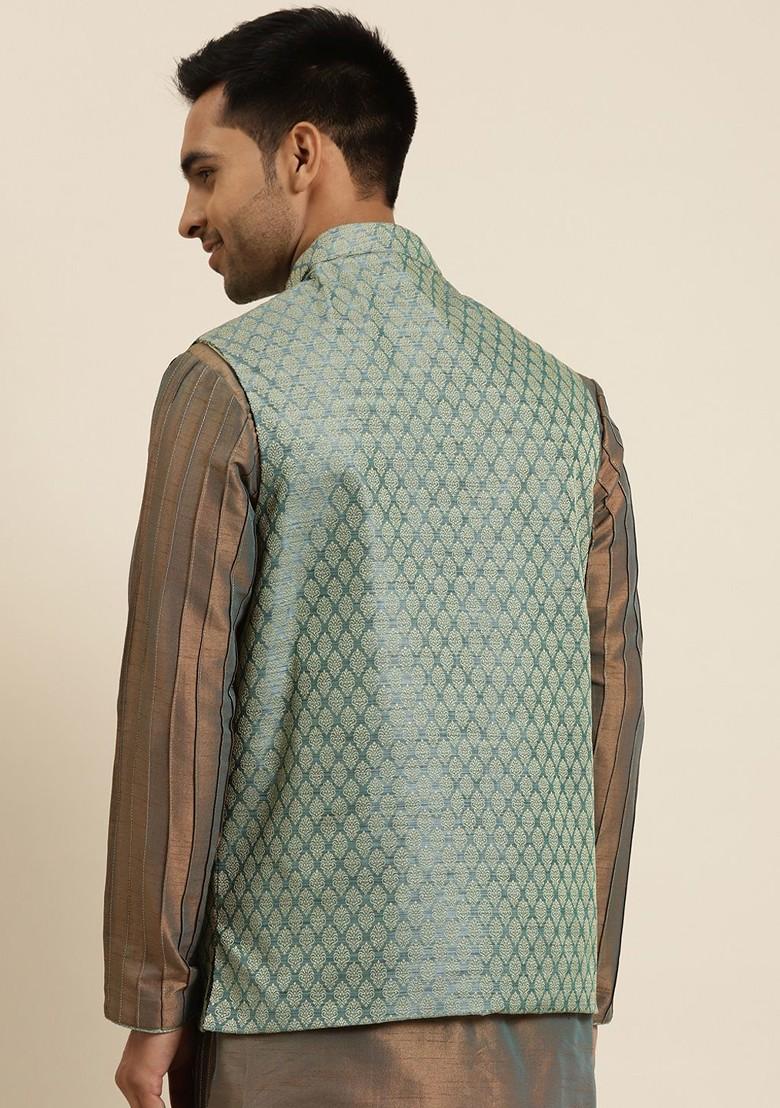 Teal Blue Woven Silk Nehru Jackets For Men