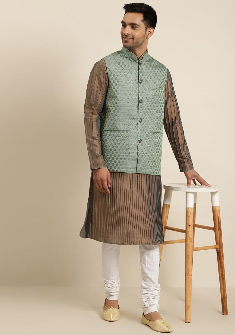 Teal Blue Woven Silk Nehru Jackets For Men