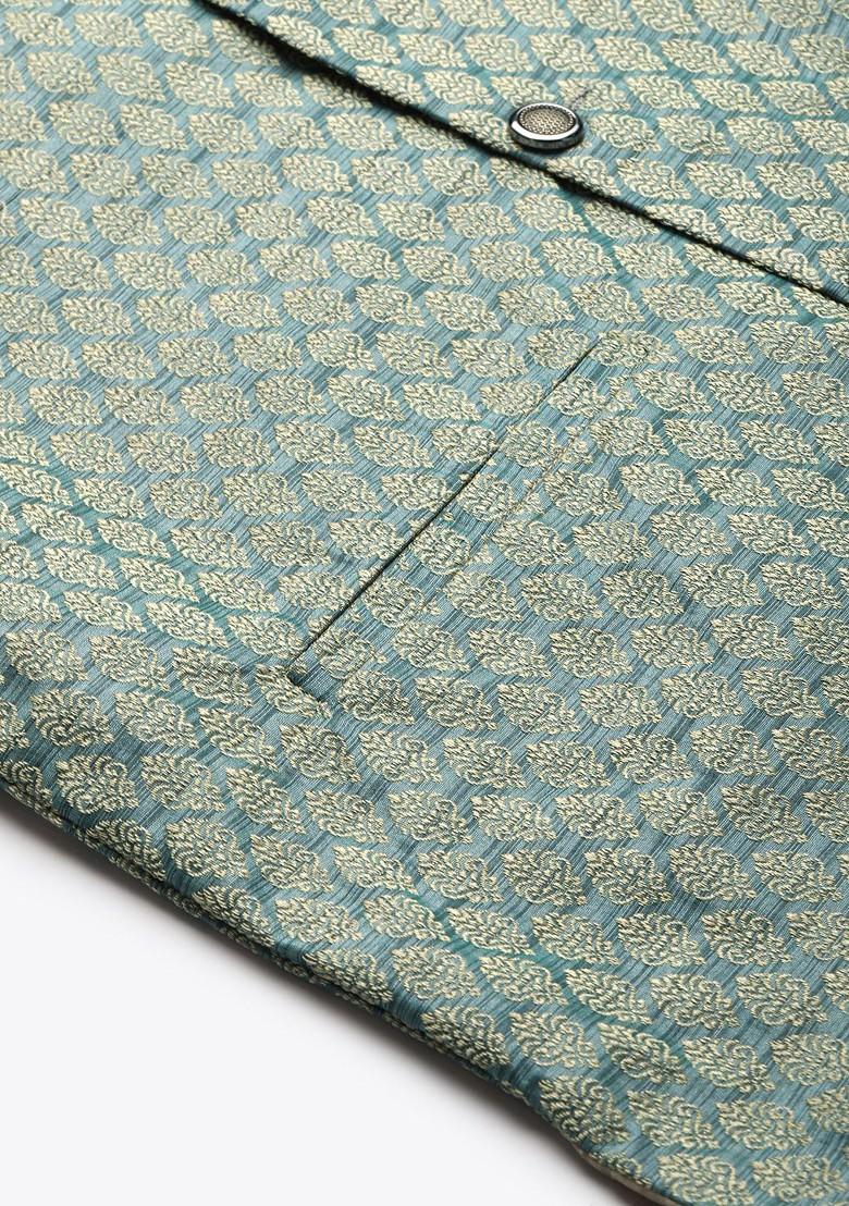 Teal Blue Woven Silk Nehru Jackets For Men