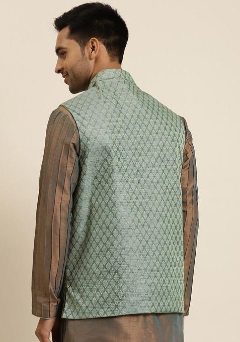 Teal Blue Woven Silk Nehru Jackets For Men