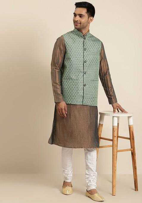 Teal Blue Woven Silk Nehru Jackets For Men