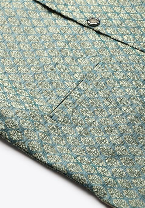 Teal Blue Woven Silk Nehru Jackets For Men