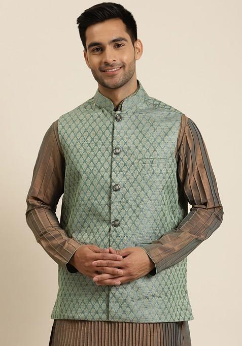 Teal Blue Woven Silk Nehru Jackets For Men