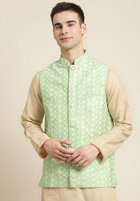 Green Embroidered Poly Blend Nehru Jackets For Men