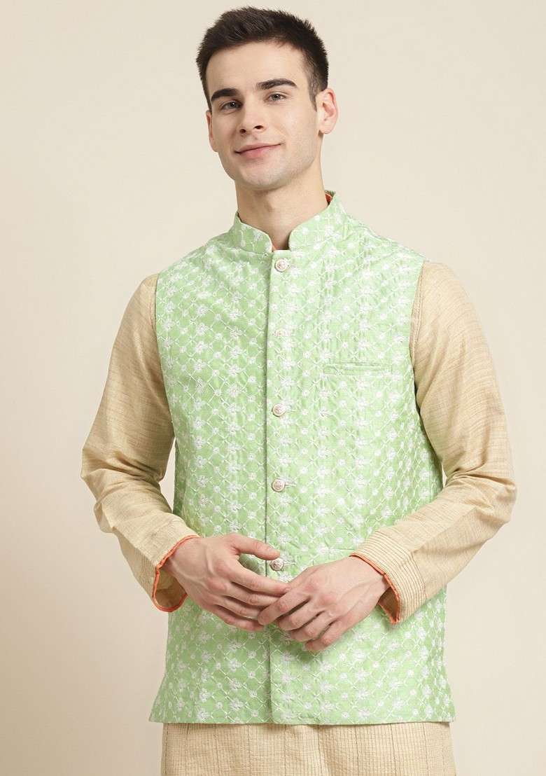 Green Embroidered Poly Blend Nehru Jackets For Men - Indya