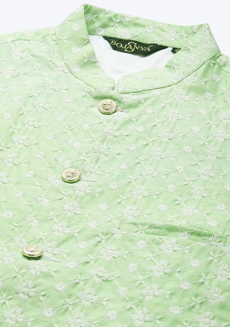 Green Embroidered Poly Blend Nehru Jackets For Men
