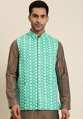 Green Embroidered Poly Blend Nehru Jackets For Men