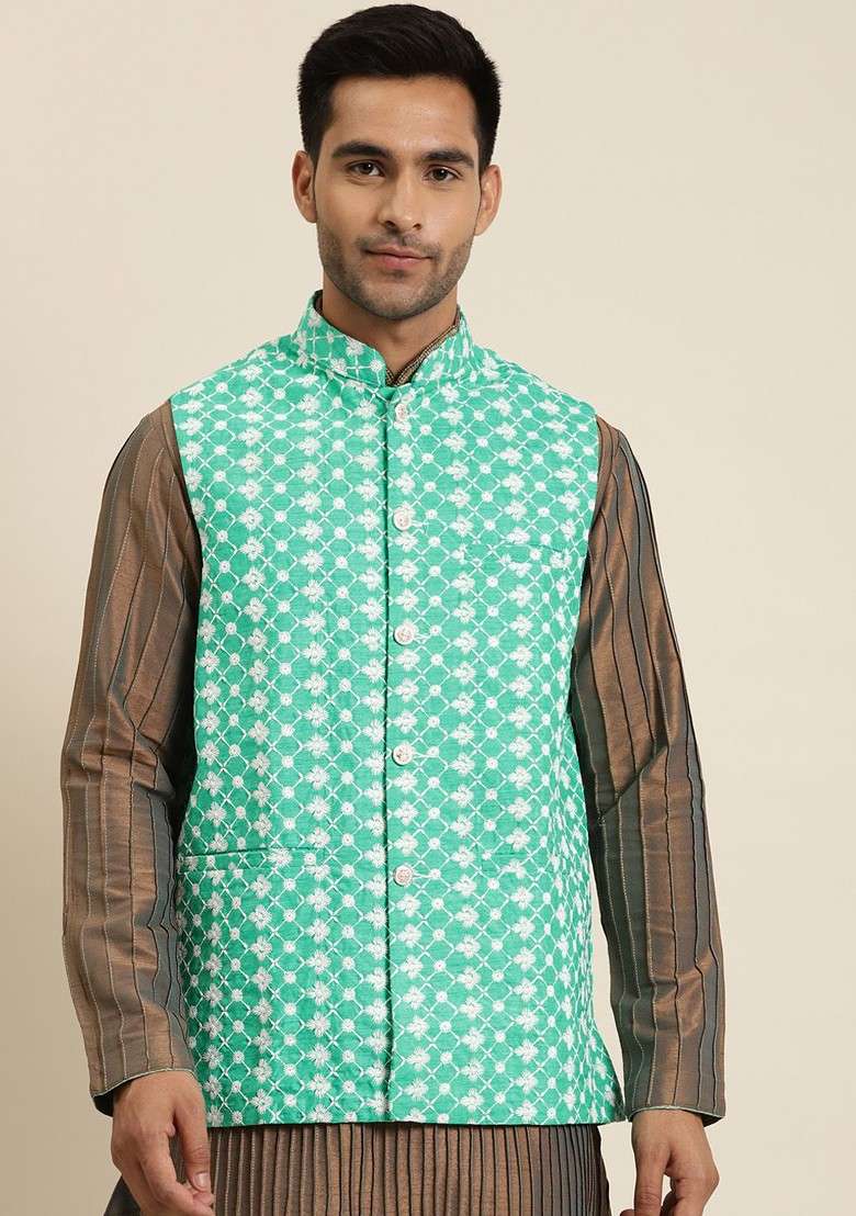 Green Embroidered Poly Blend Nehru Jackets For Men - Indya