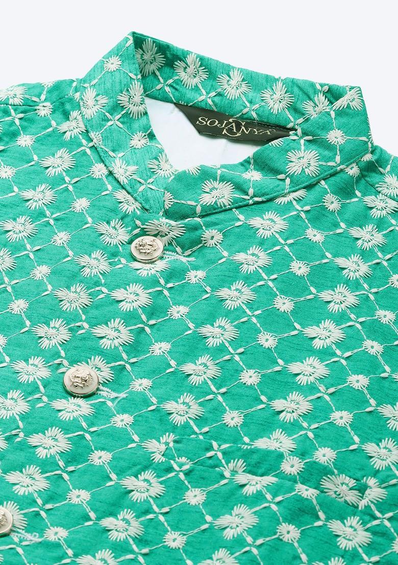 Green Embroidered Poly Blend Nehru Jackets For Men