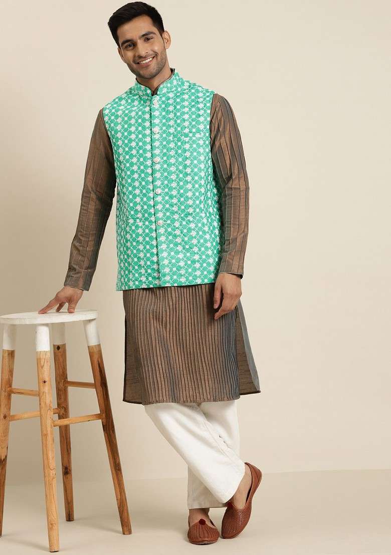 Green Embroidered Poly Blend Nehru Jackets For Men - Indya