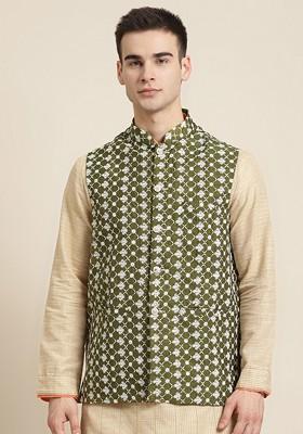 Olive Embroidered Poly Blend Nehru Jackets For Men