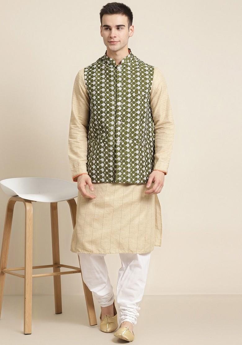 Olive Embroidered Poly Blend Nehru Jackets For Men