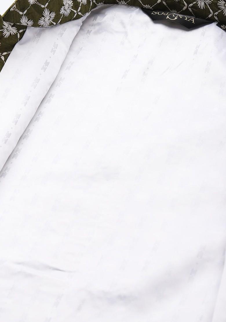 Olive Embroidered Poly Blend Nehru Jackets For Men