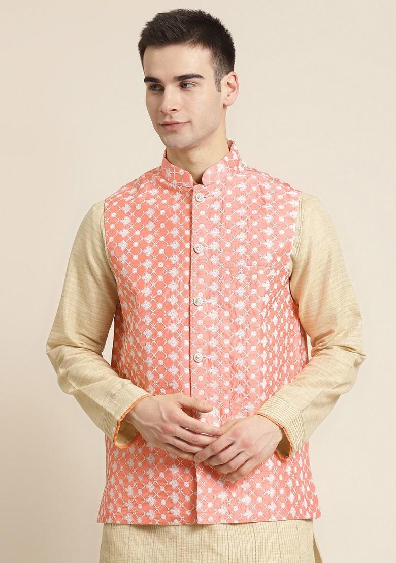 Peach Embroidered Poly Blend Nehru Jackets For Men