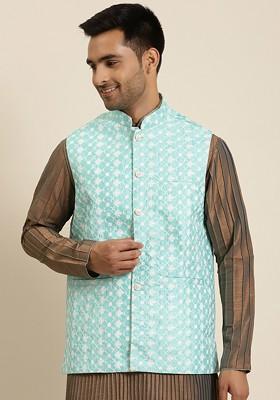 Sea Green Embroidered Poly Blend Nehru Jackets For Men
