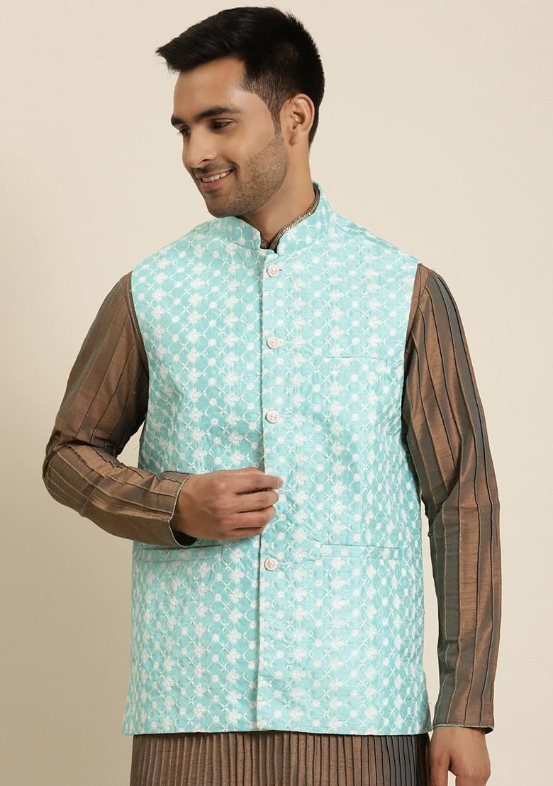 Sea Green Embroidered Poly Blend Nehru Jackets For Men