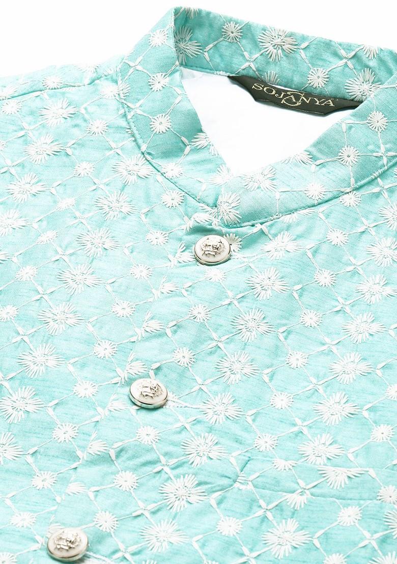 Sea Green Embroidered Poly Blend Nehru Jackets For Men