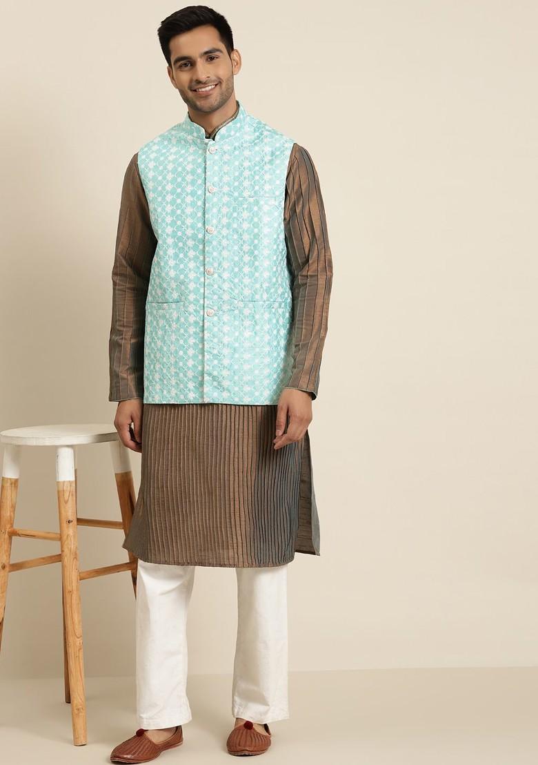 Sea Green Embroidered Poly Blend Nehru Jackets For Men