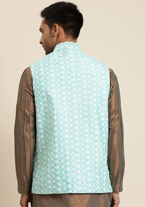 Sea Green Embroidered Poly Blend Nehru Jackets For Men