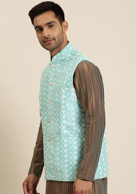 Sea Green Embroidered Poly Blend Nehru Jackets For Men