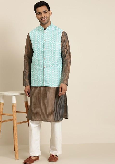 Sea Green Embroidered Poly Blend Nehru Jackets For Men