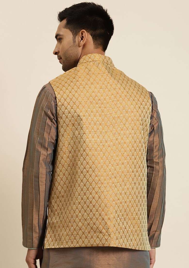 Mustard Woven Silk Blend Nehru Jackets For Men - Indya