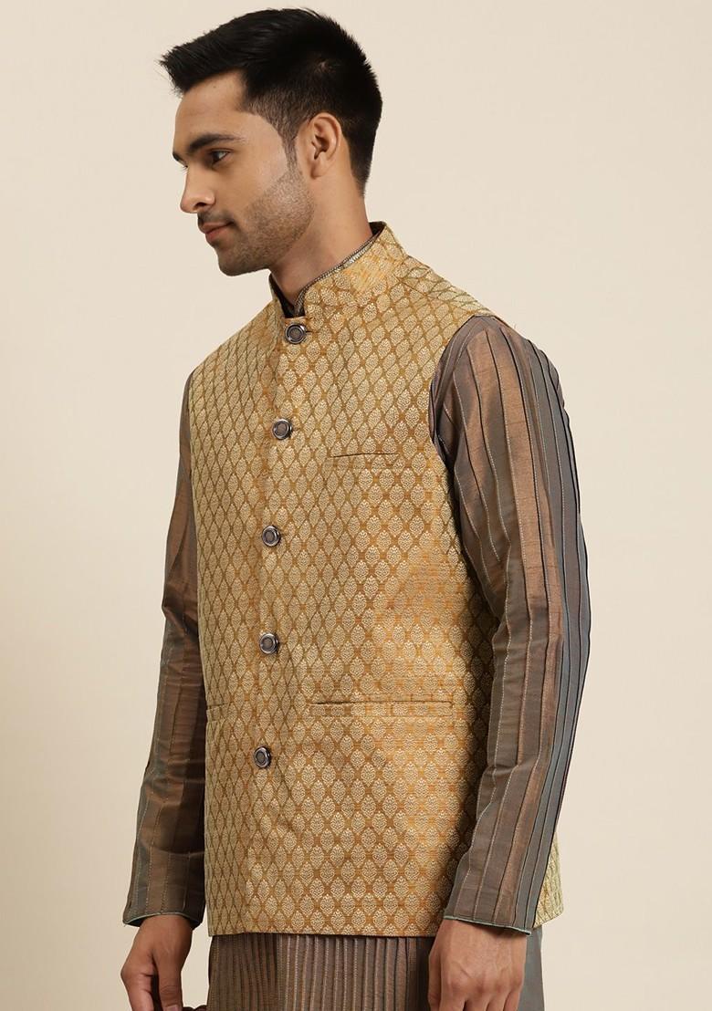 Mustard Woven Silk Nehru Jackets For Men