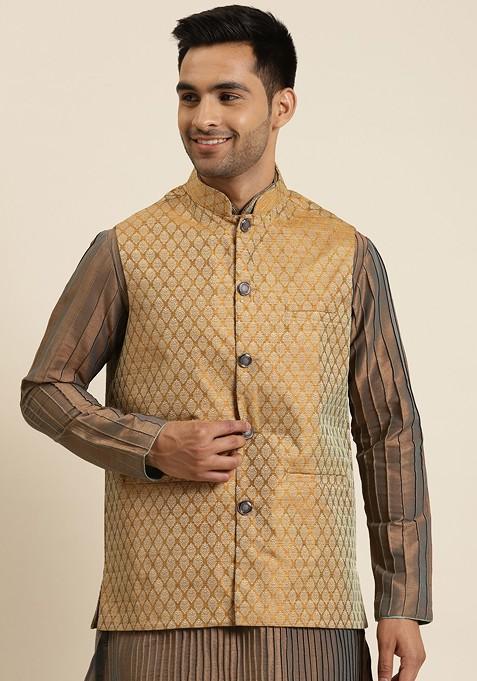 Mustard Woven Silk Nehru Jackets For Men — view on Indya