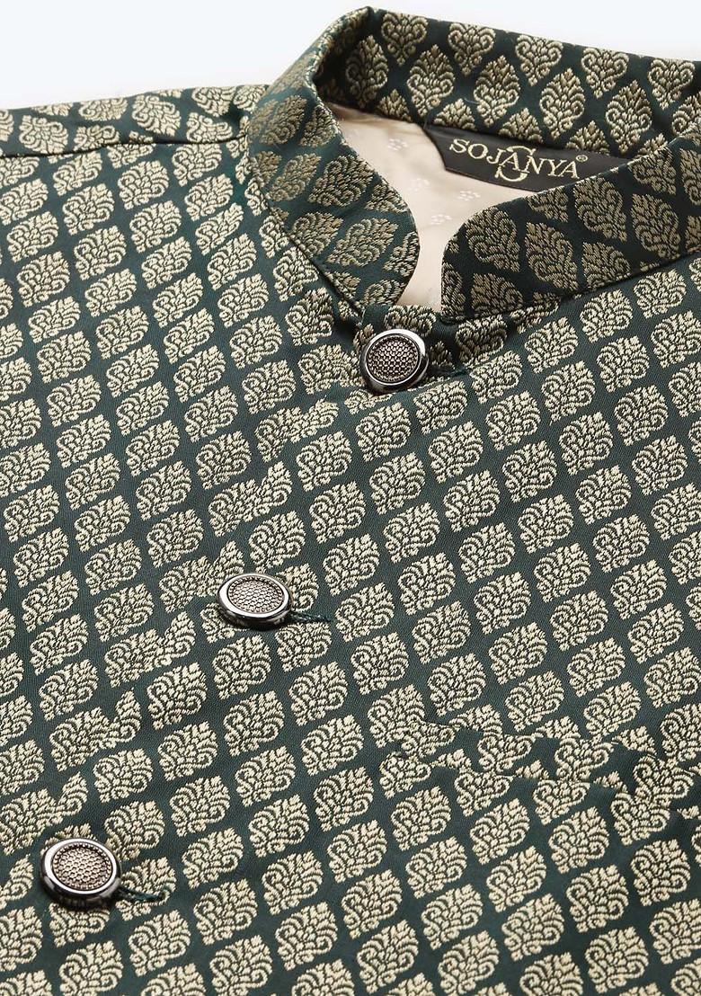 Green Woven Silk Nehru Jackets For Men